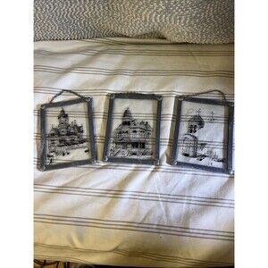 Lot Of 3 W. BERRIE, Ink Art on Glass Framed Victorian House 1977 Small Art 4x3